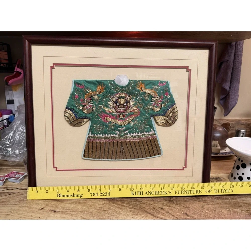 Framed Vintage Chinese Silk Embroidered Dragon Robe Wall Art Gold Thread Green